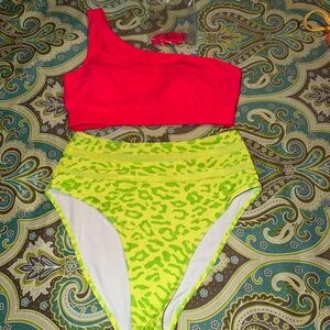 Pink One-Shoulder Bikini Top with Neon Green Leopard Print Bottoms